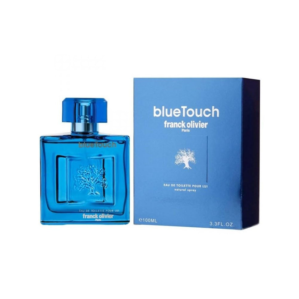 Franck Olivier Blue Touch bottle shown, ideal for confident daytime wear with fresh citrus and warm woody notes.