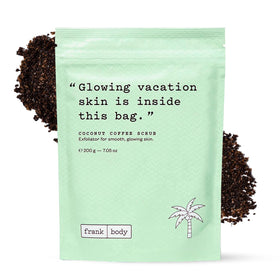 frank body coconut coffee scrub jar close-up showing exfoliation for smoother skin