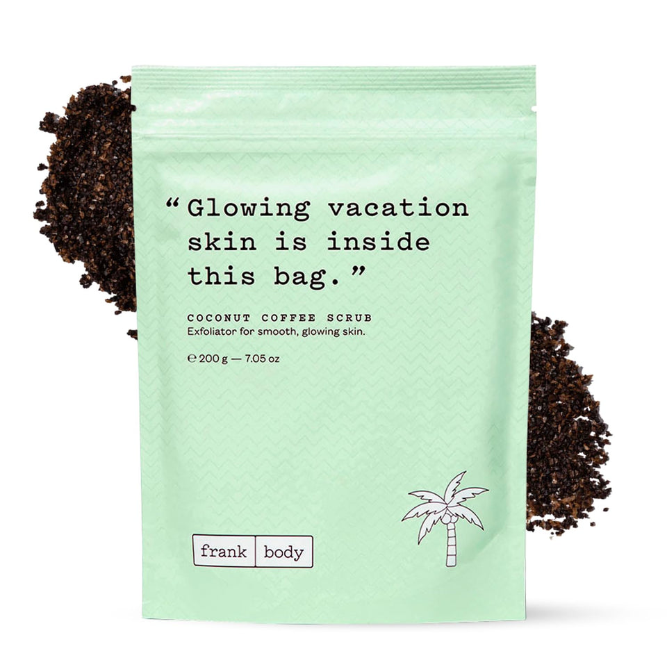 frank body coconut coffee scrub jar close-up showing exfoliation for smoother skin
