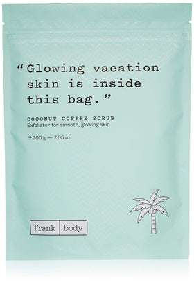 Frank Body Coconut Coffee Scrub jar showing rich texture for exfoliation and hydration.