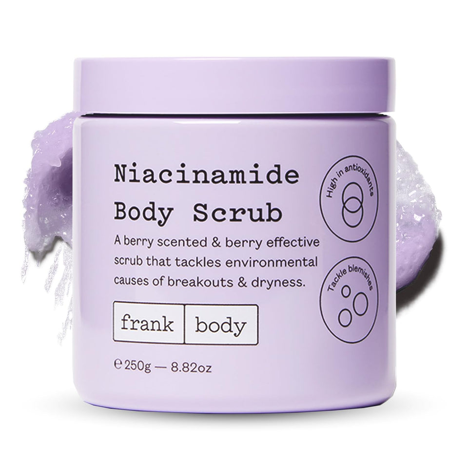 frank body Niacinamide Body Scrub bottle showing smooth exfoliation benefits
