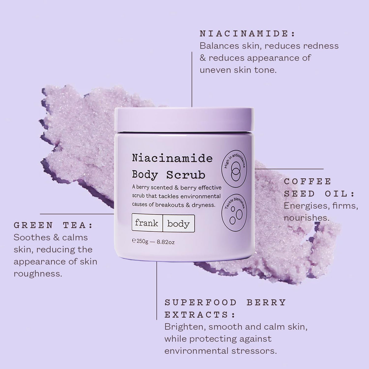 frank body Niacinamide Body Scrub foamy texture for gentle exfoliation