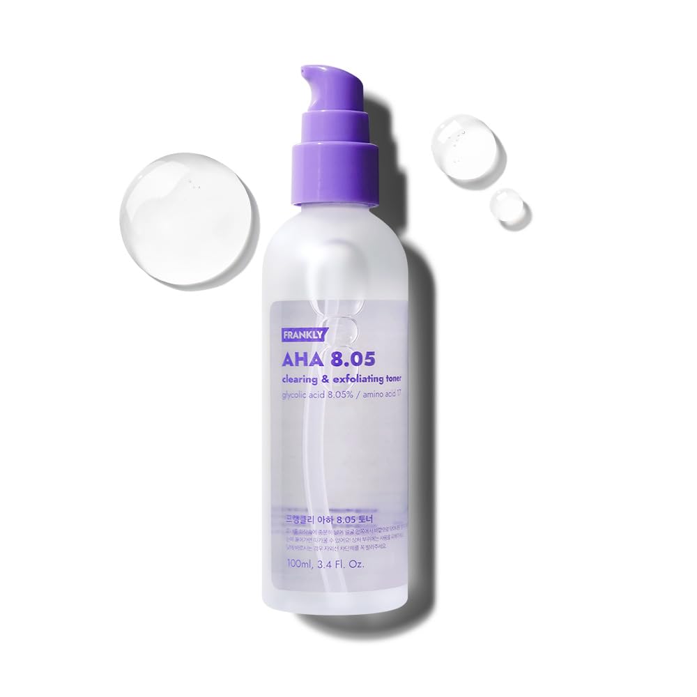 FRANKLY AHA toner bottle highlighting glycolic exfoliant for smoother texture