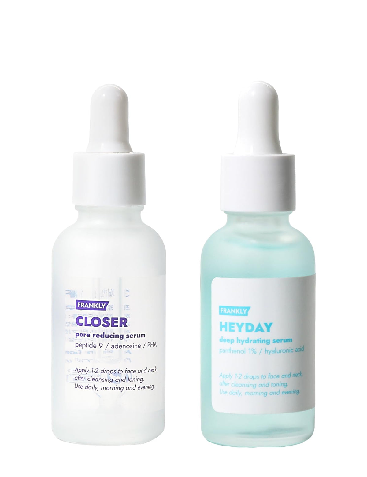FRANKLY Hydration Power Duo heyday serum bottle showing glow and pore minimization benefits.
