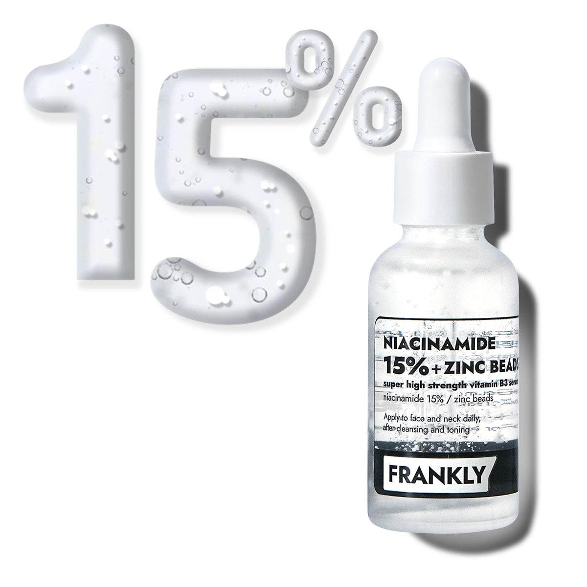 FRANKLY Niacinamide serum bottle showing fast-absorbing, oil-free finish for daily use
