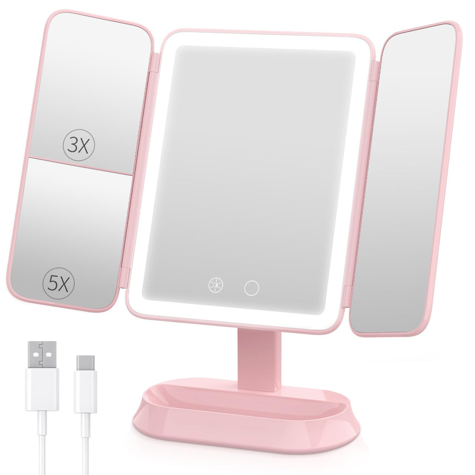 FRANO rechargeable trifold makeup mirror in pink, ideal for travel and desk routines.