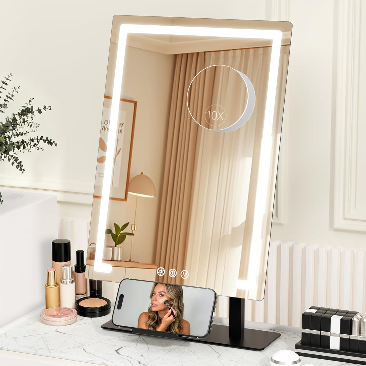 FRANO vanity mirror showing 3 color lighting modes for different looks