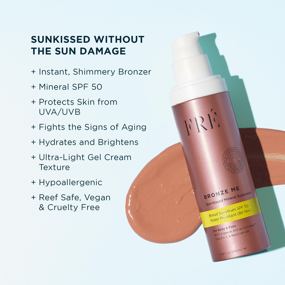 FRÉ Bronze Me SPF 50 swirls into skin for instant shimmery glow