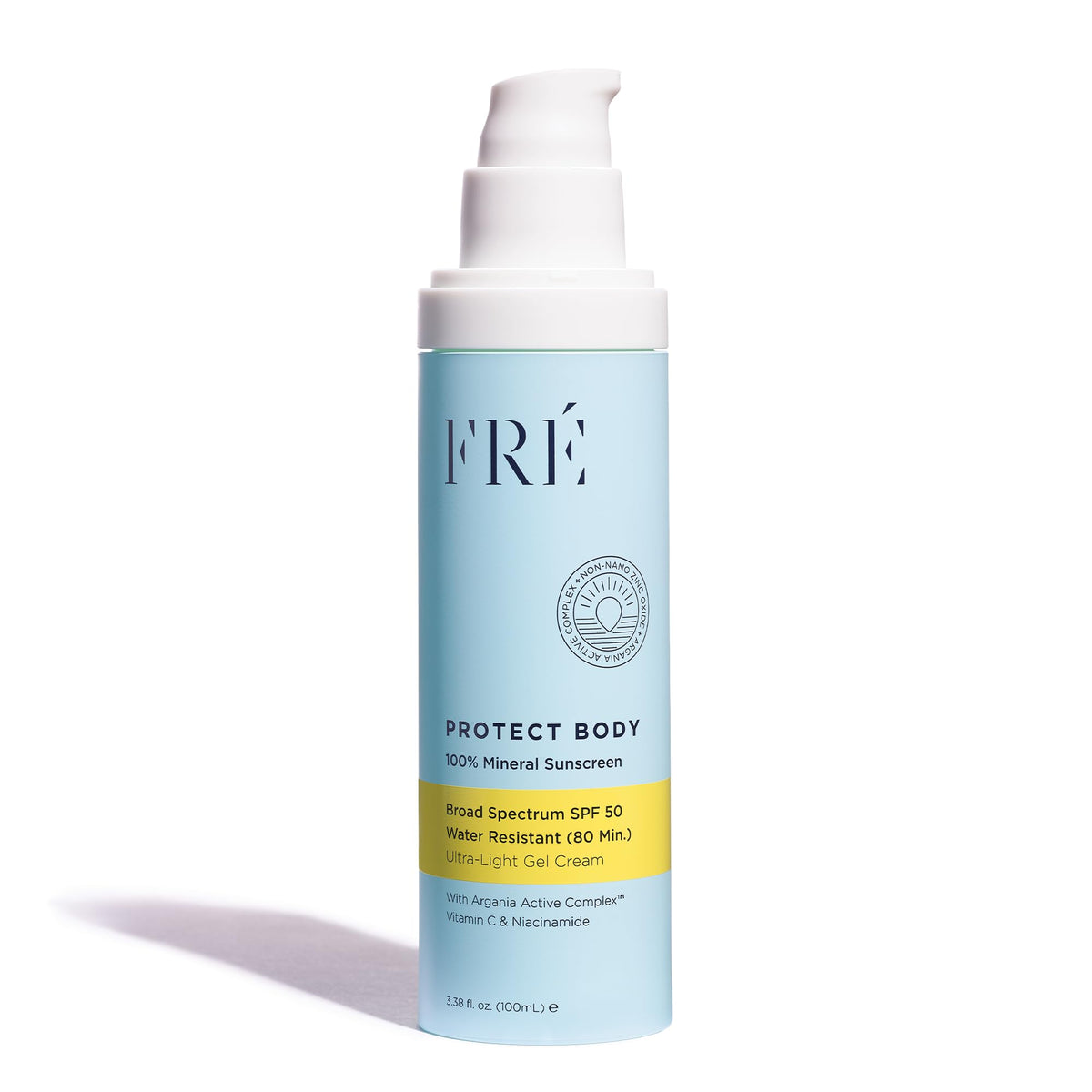 FRÉ Protect Body SPF 50 bottle highlighting mineral protection for everyday outdoor skin needs