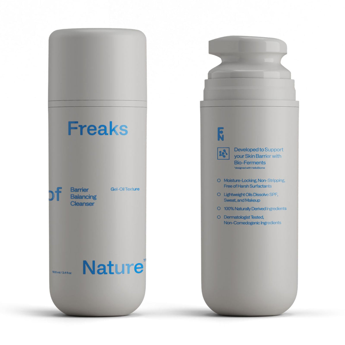Freaks of Nature Barrier Balancing Cleanser bottle pour demonstrates easy daily cleansing.