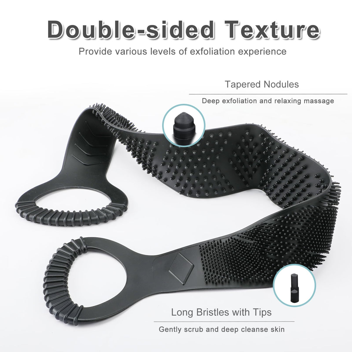 FIVATECH? wait - correcting: FREATECH back-scrubber dual-textured strap adapts to different backs.