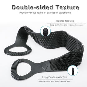 FIVATECH? wait - correcting: FREATECH back-scrubber dual-textured strap adapts to different backs.