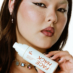 Freck FACE HACK skincare ingredients visual emphasizes basil and kelp complex.