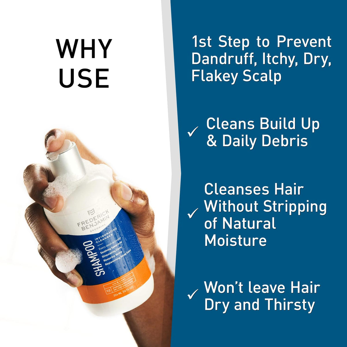Frederick Benjamin shampoo hydrates hair for moisturized strands.