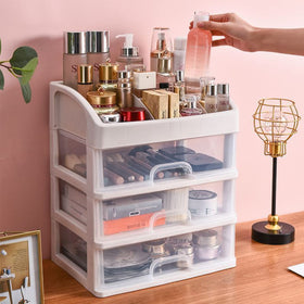 Freebirdly makeup organizer arc three drawers store eye shadows and brushes.