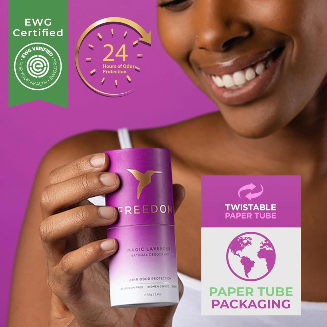 Freedom 24hr odor protection visual hints at long-lasting freshness for busy routines.