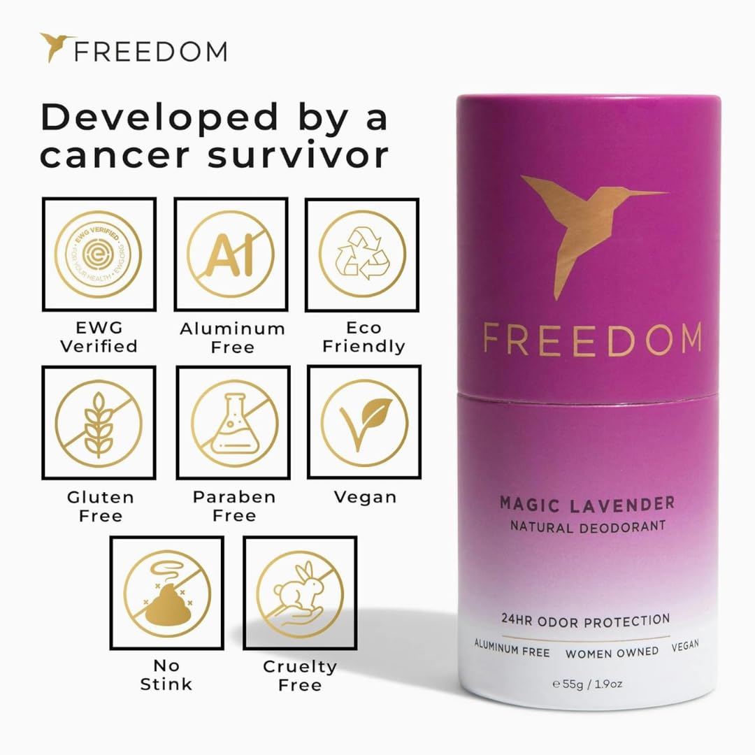 Freedom cruelty-free gluten-free badge appeals to ethical wellness shoppers.