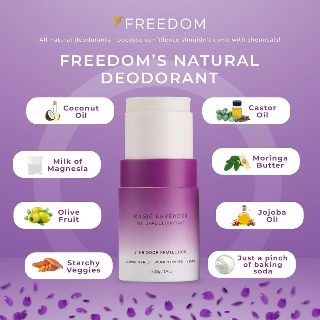 Freedom deodorant ingredients including coconut oil suggest gentle, skin-friendly odor control.