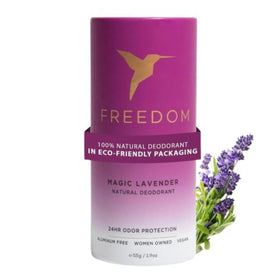 Freedom natural deodorant in paper-tube packaging emphasizes eco-friendly design for daily freshness.