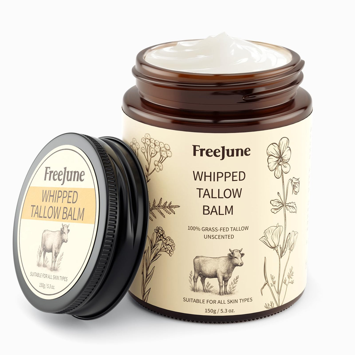 FreeJune Beef Tallow jar shows unscented cream for deep hydration.