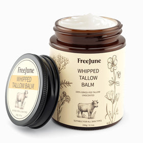 FreeJune Beef Tallow jar shows unscented cream for deep hydration.
