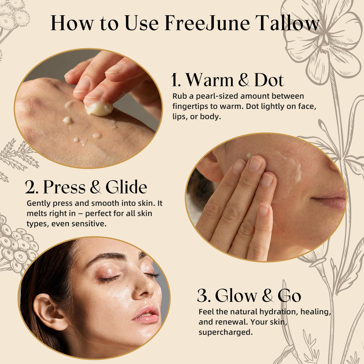 FreeJune Beef Tallow body care image suggests multi-use moisturizer.
