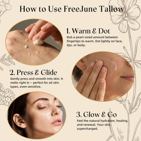 FreeJune Beef Tallow body care image suggests multi-use moisturizer.