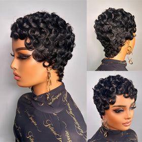 FreeKween short curly pixie wig with finger waves showcases a natural look and easy daily styling