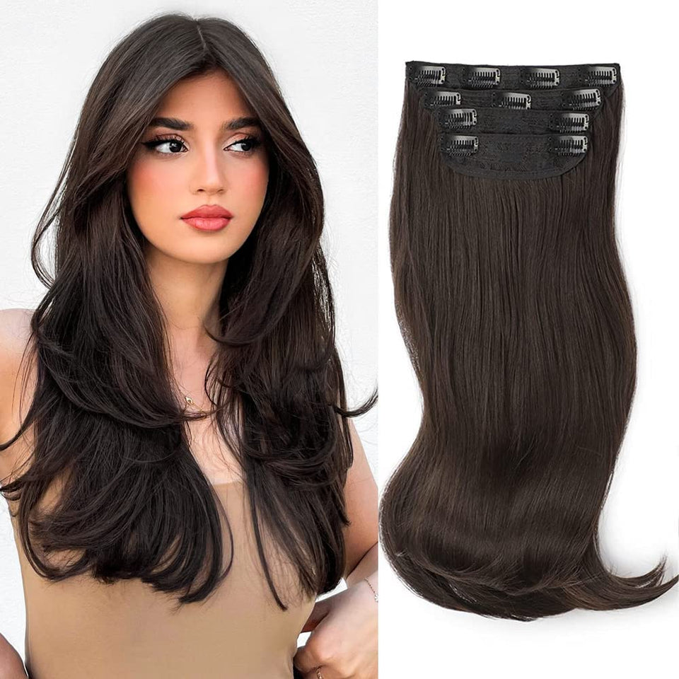FREEMEIGE dark brown clip-in 20inch four-clip piece blends smoothly with natural hair