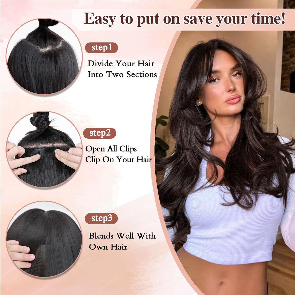 FREEMEIGE close-up shows silky synthetic fibers for easy styling