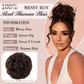 FREEMEIGE Messy Bun donut-style updo highlights voluminous, natural-looking hair.