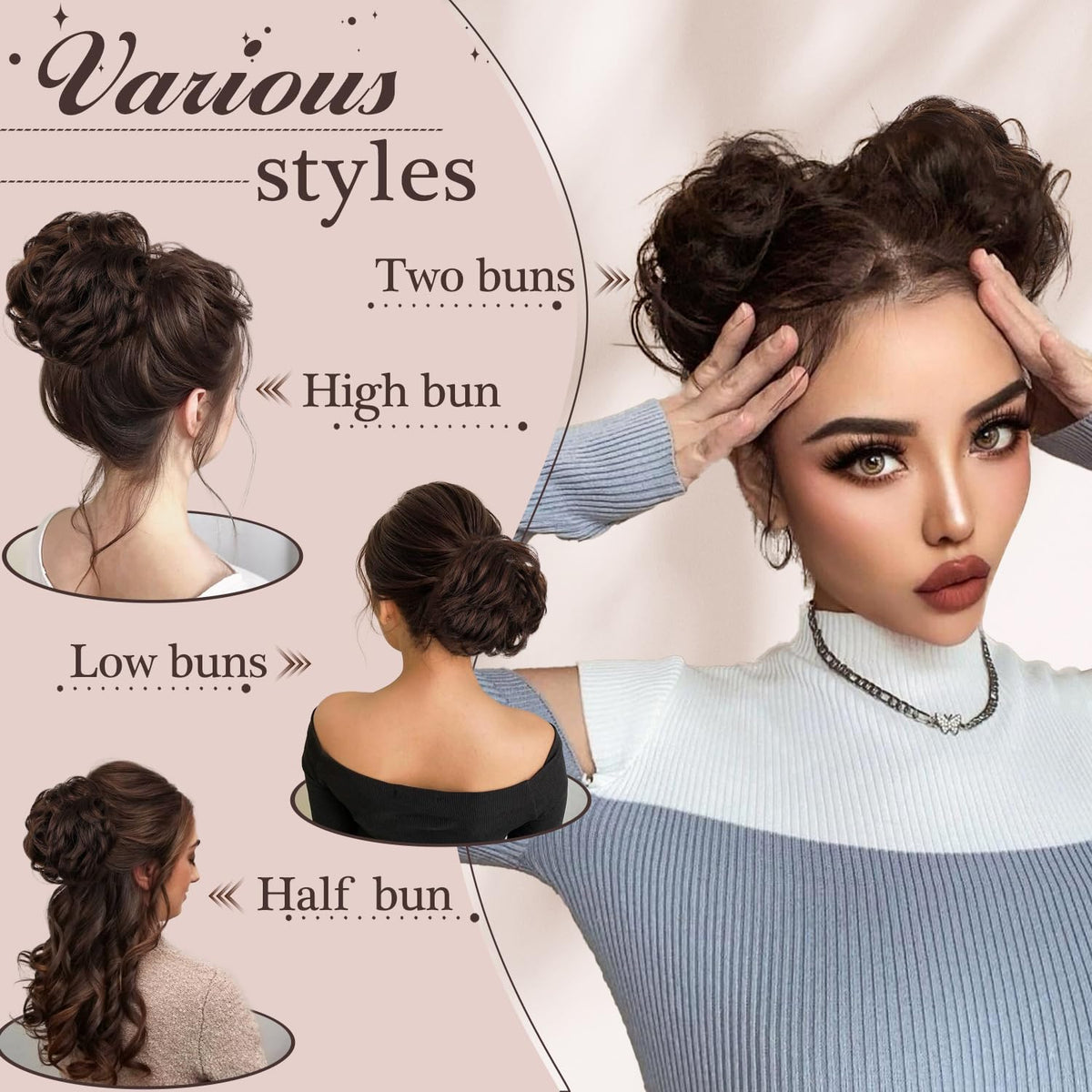 FREEMEIGE Messy Bun packaging and care shown for simple upkeep.
