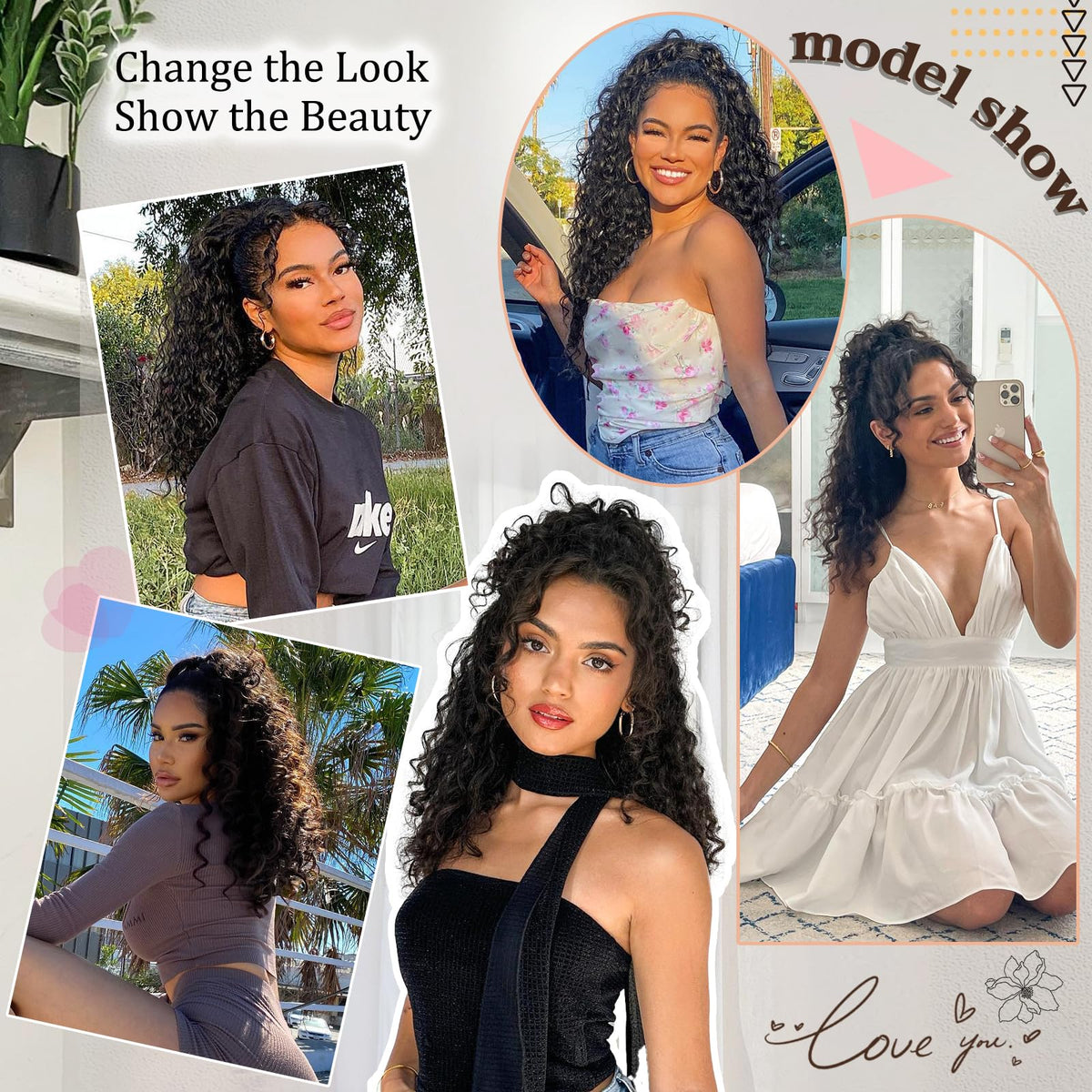 FREEMEIGE model wearing curly ponytail at event demonstrating blend and bounce.