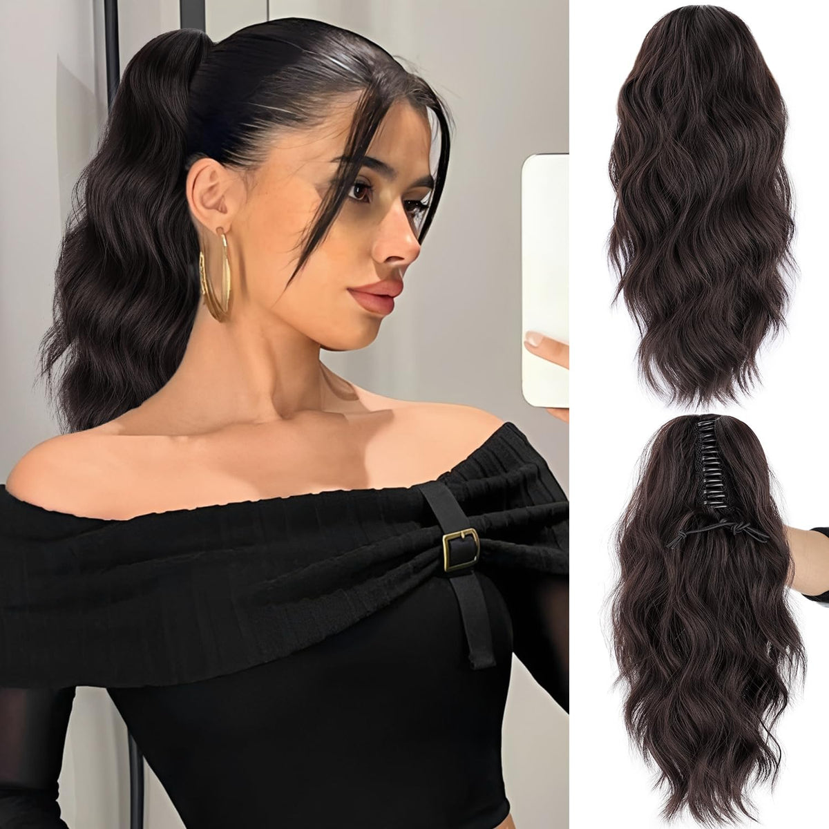 FREEMEIGE ponytail extension, front view, dark brown, adds instant length and natural movement.