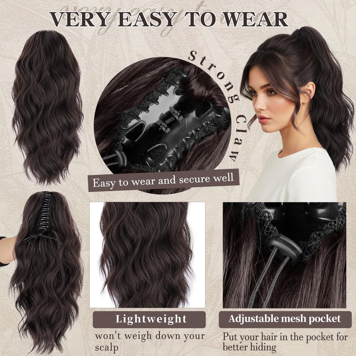 FREEMEIGE ponytail extension, claw clip close-up, dark brown, secure grip for daily styling.