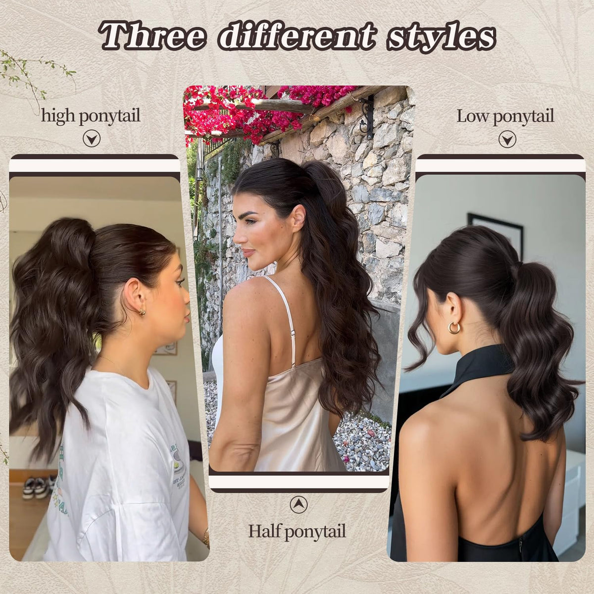 FREEMEIGE ponytail extension, full wavy, dark brown, versatile for casual or special occasions.