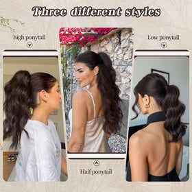FREEMEIGE ponytail extension, full wavy, dark brown, versatile for casual or special occasions.