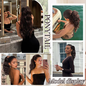 FREEMEIGE ponytail extension, half-up style, dark brown, effortless transition to a chic look.