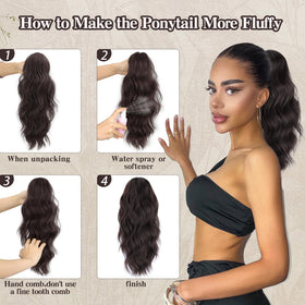 FREEMEIGE ponytail extension, packaging shot, dark brown, ready-to-wear out of the box.