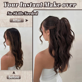 FREEMEIGE ponytail extension, side view, dark brown, lightweight for comfortable all-day wear.