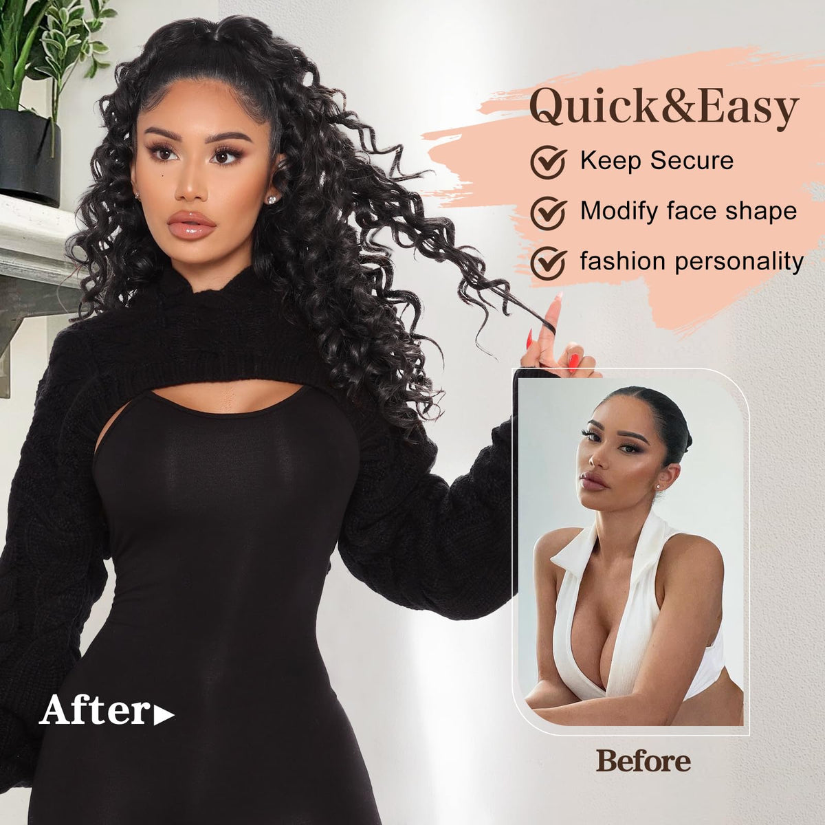 FREEMEIGE drawstring ponytail with buckle and clips for secure fit.