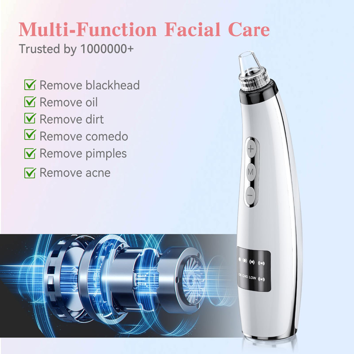 FREESHOW Blackhead Pore Vacuum suction levels shown for versatility.