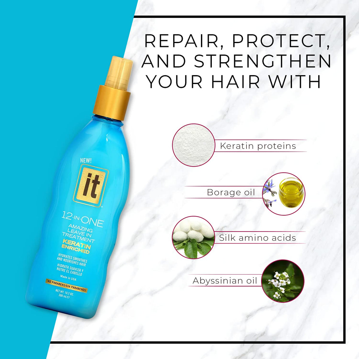 Freeze It borage oil infusion emphasizes radiant shine and hydration for dry hair.