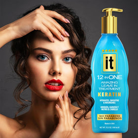 Close-up of Freeze It IT 12-in-One Leave-in showing smooth hair protection.