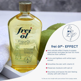 Amber bottle of Frei Oel Shaping Oil emphasizes clean, spa-like self care