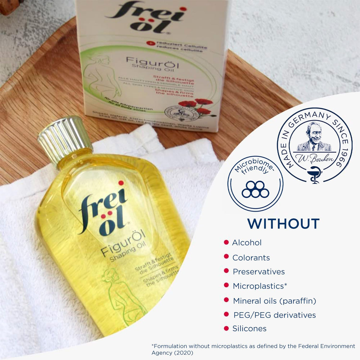Applying Frei Oel Shaping Oil on body to refine texture and firmness