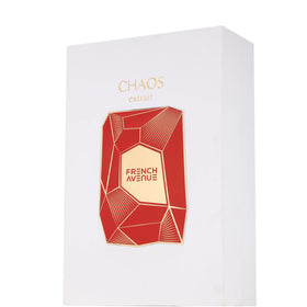 Close look at French Avenue Chaos Extrait EDP 100ml flacon label and branding