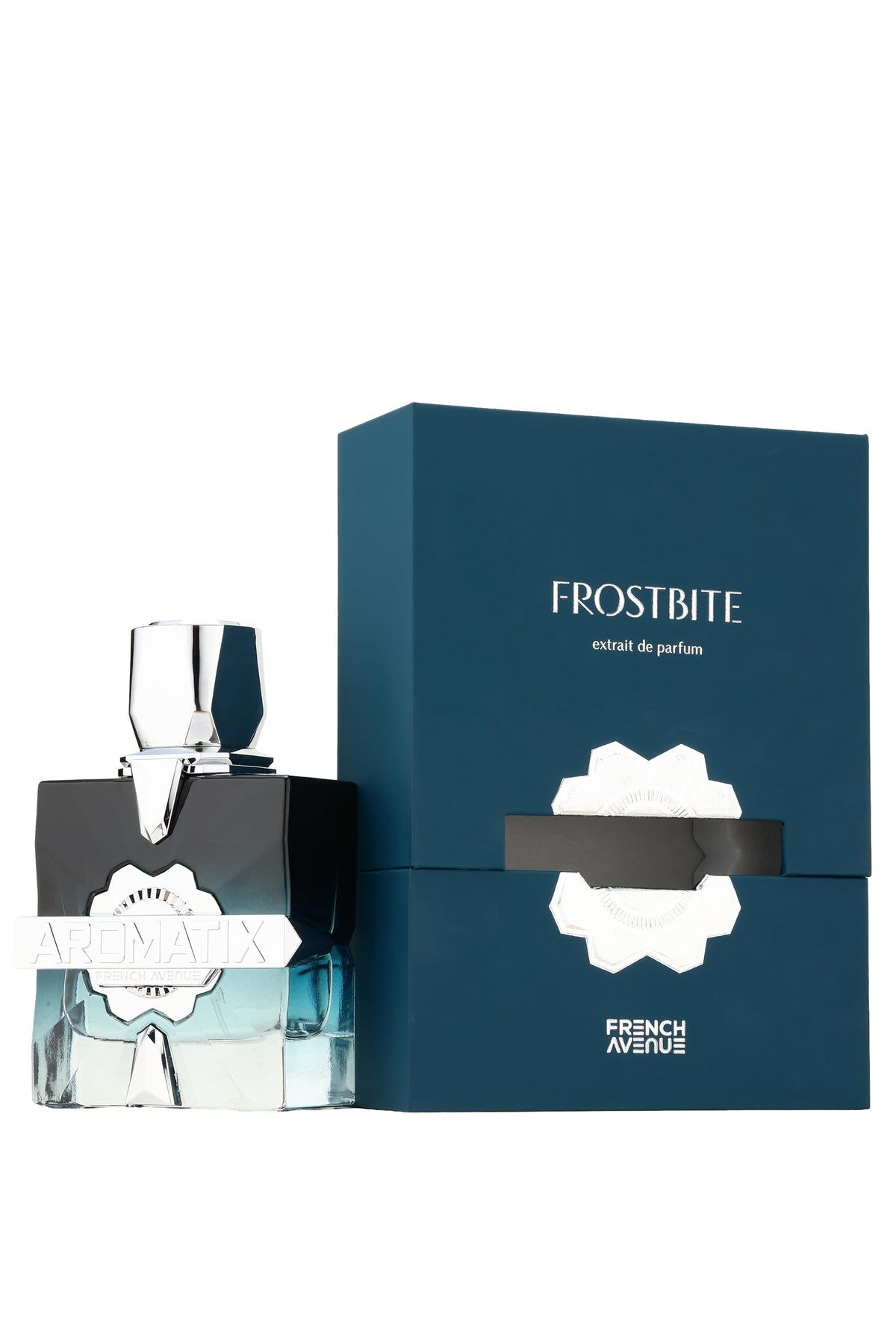 French Avenue Frostbite Aromatix bottle on reflective surface for day-to-night use.