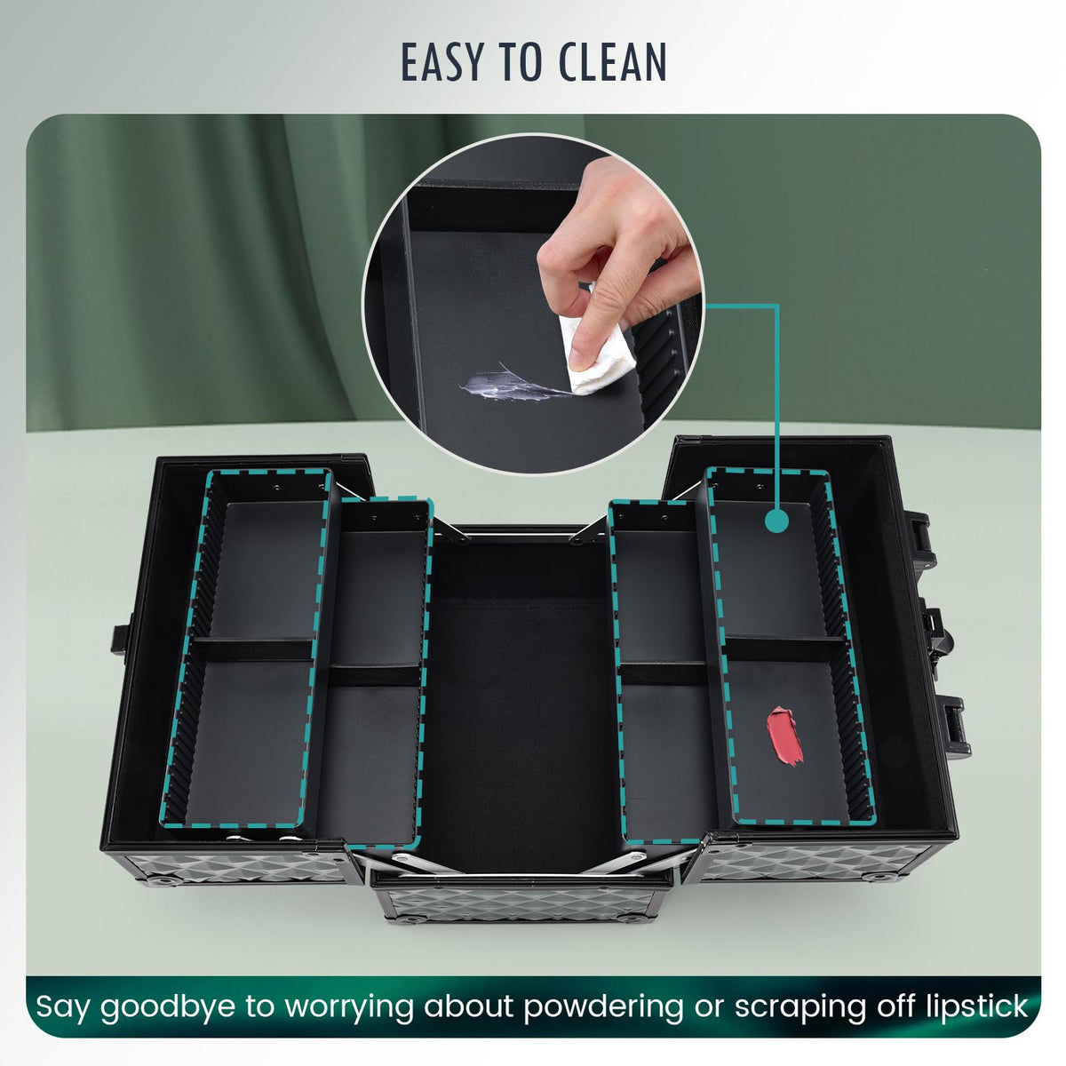 Smooth, wipe-clean surface of FRENESSA makeup case for easy maintenance.