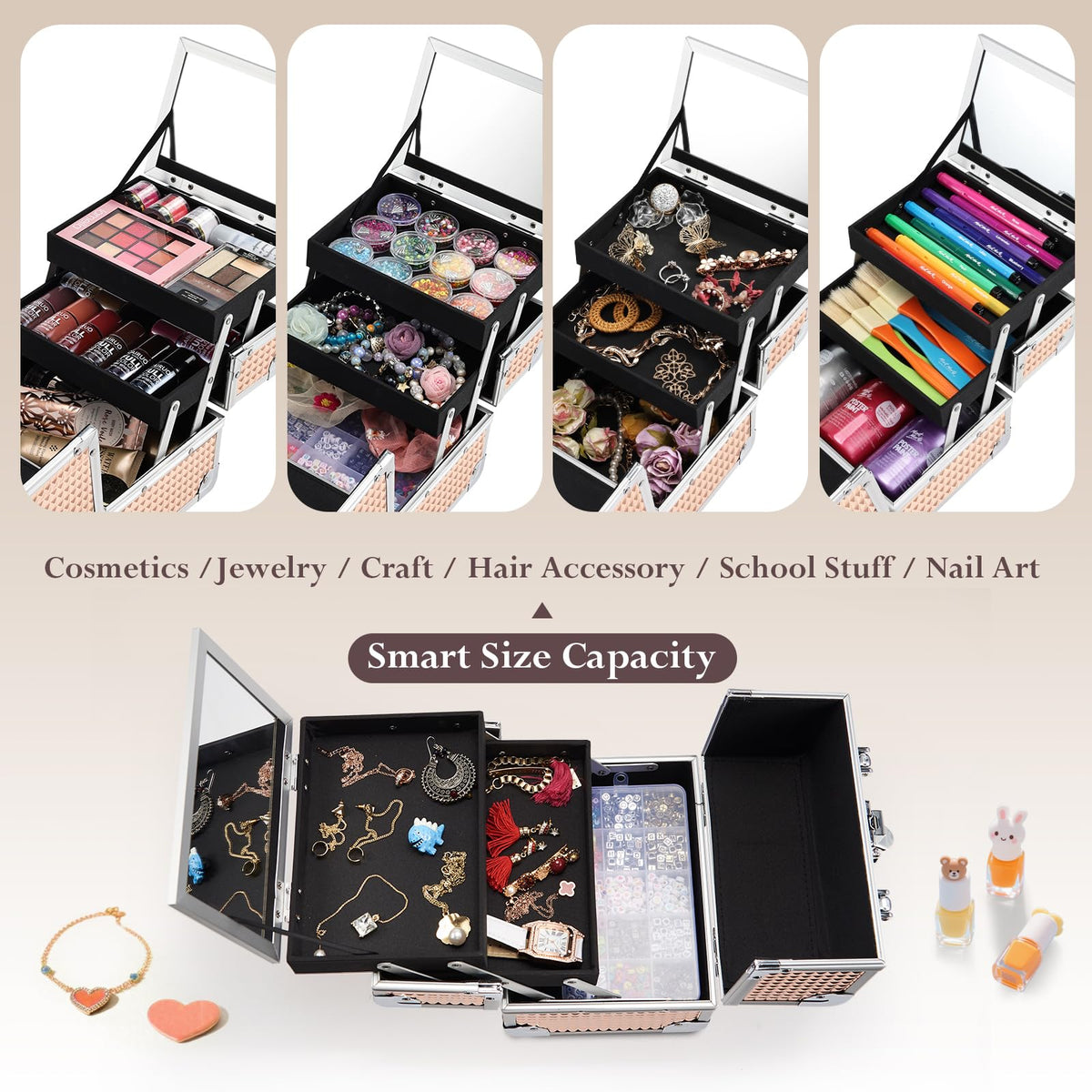 FRENESSA makeup case with mirror top tray for quick checks while getting ready